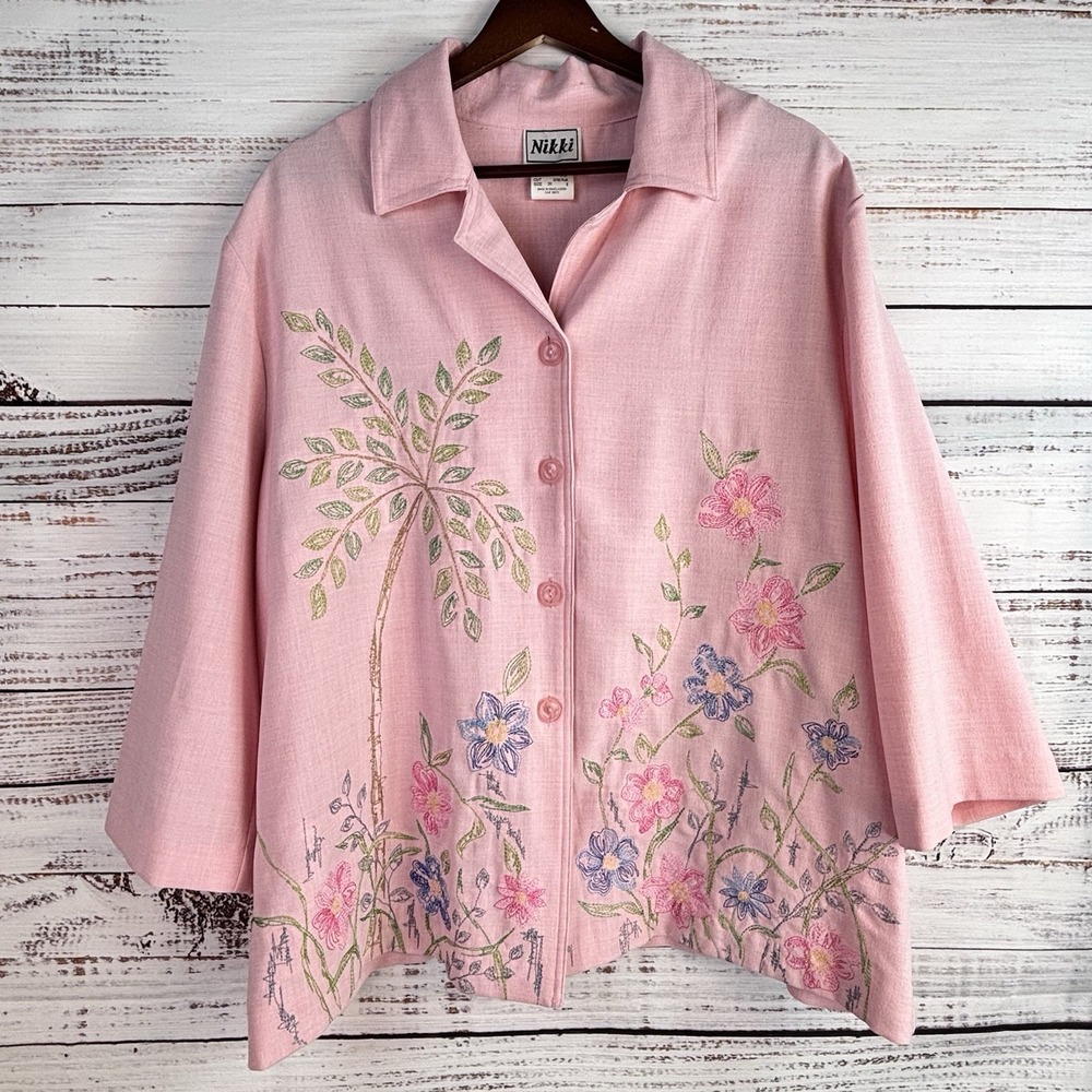 Vintage Pink Blouse 20 Embroidered Flowers Maximalist Coastal Grandma Cottage